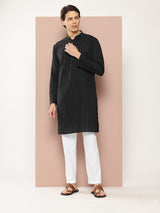 Men Black Thread Worked Pure Cotton Straight Kurta
