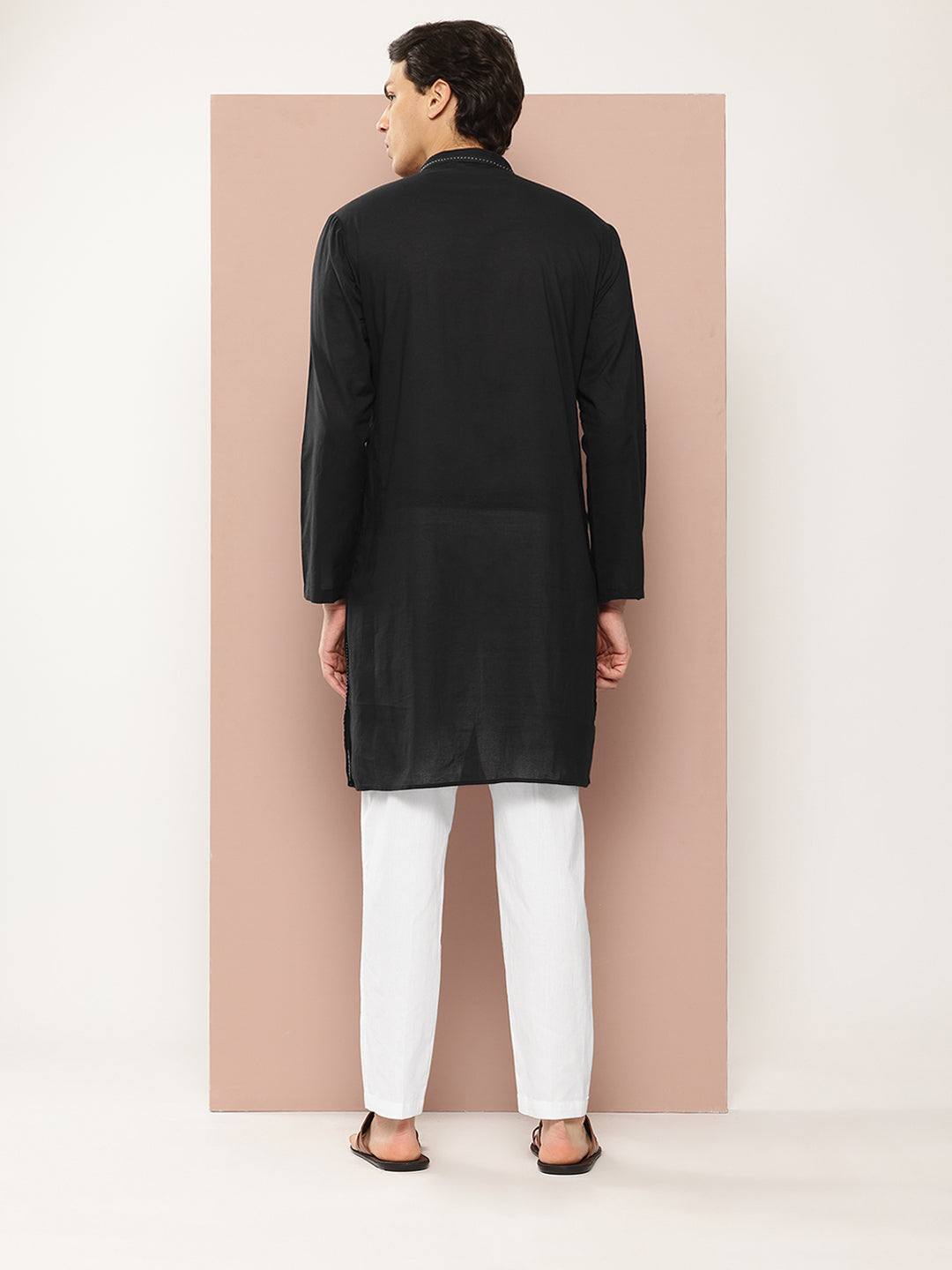 Men Black Thread Worked Pure Cotton Straight Kurta