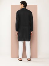 Men Black Thread Worked Pure Cotton Straight Kurta