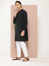 Men Black Thread Worked Pure Cotton Straight Kurta