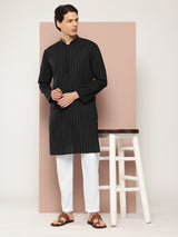 Men Black Thread Worked Pure Cotton Straight Kurta
