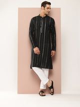 Men Black Sequins Embroidered Pure Chanderi Silk Straight Kurta