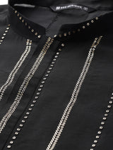 Men Black Sequins Embroidered Pure Chanderi Silk Straight Kurta