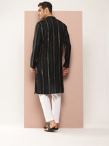 Men Black Sequins Embroidered Pure Chanderi Silk Straight Kurta