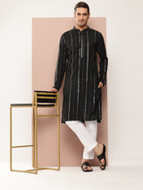 Men Black Sequins Embroidered Pure Chanderi Silk Straight Kurta