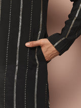 Men Black Sequins Embroidered Pure Chanderi Silk Straight Kurta