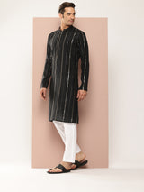 Men Black Sequins Embroidered Pure Chanderi Silk Straight Kurta