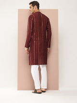Men Maroon Sequins Embroidered Pure Chanderi Silk Straight Kurta
