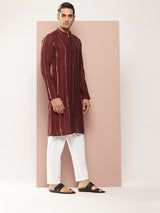 Men Maroon Sequins Embroidered Pure Chanderi Silk Straight Kurta
