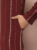 Men Maroon Sequins Embroidered Pure Chanderi Silk Straight Kurta
