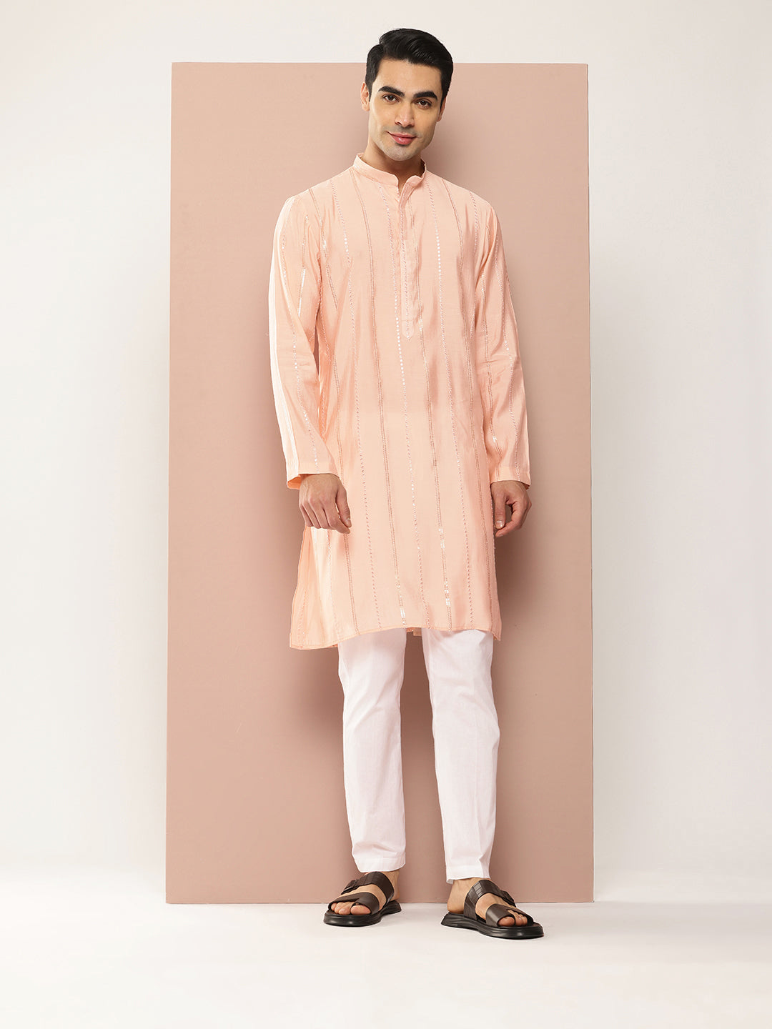 Men Light Pink Sequins Embroidered Pure Chanderi Silk Straight Kurta