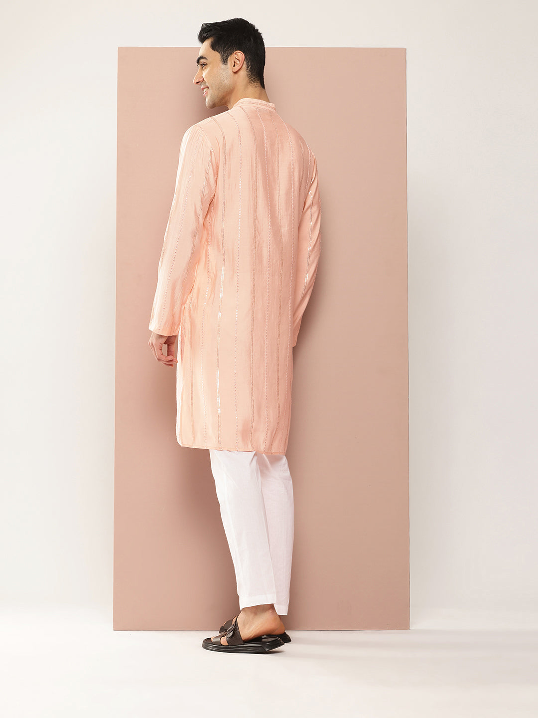 Men Light Pink Sequins Embroidered Pure Chanderi Silk Straight Kurta
