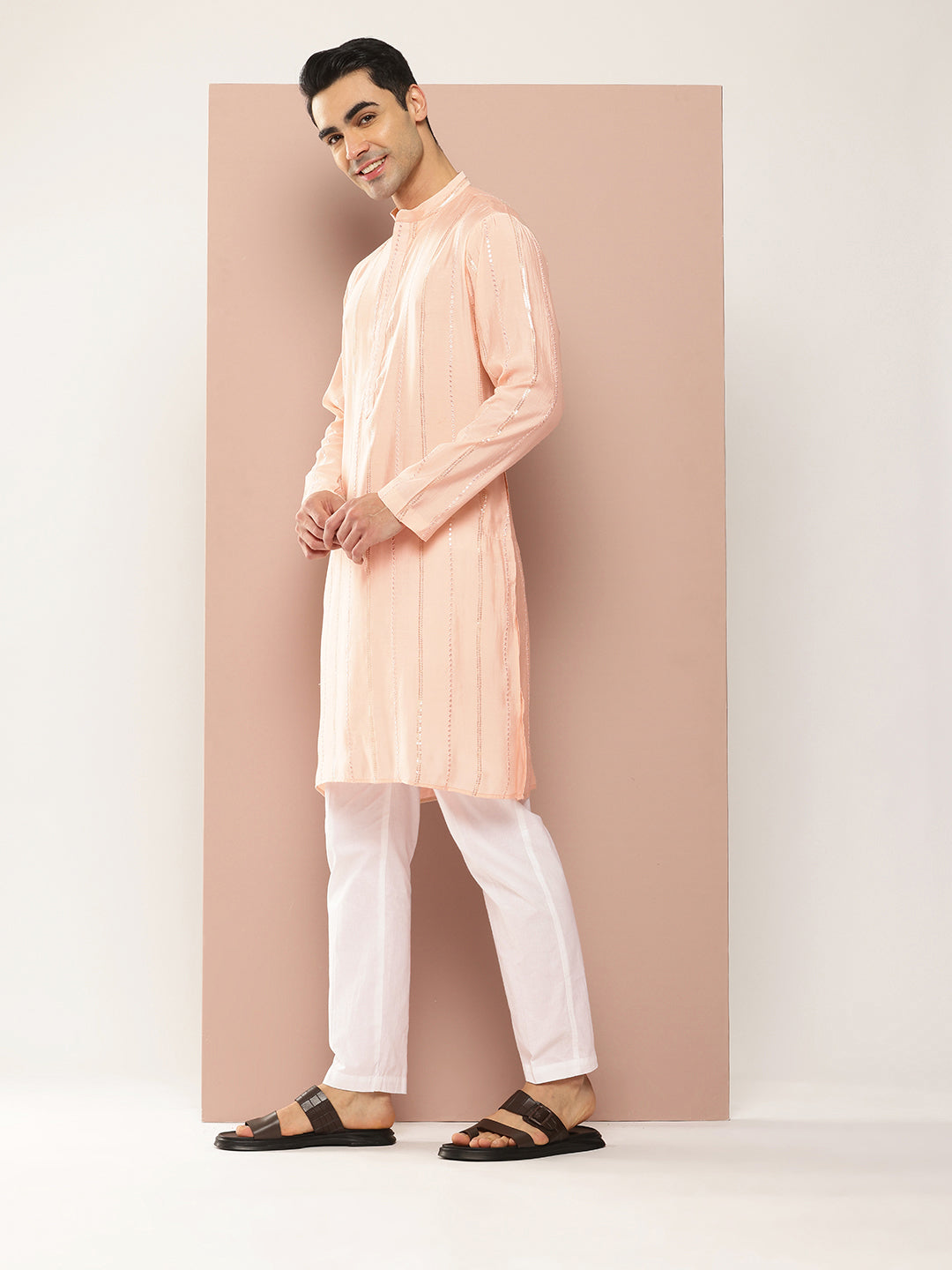 Men Light Pink Sequins Embroidered Pure Chanderi Silk Straight Kurta