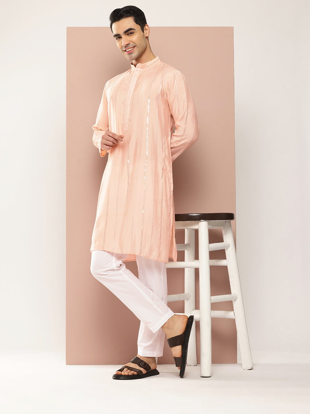 Men Light Pink Sequins Embroidered Pure Chanderi Silk Straight Kurta