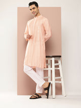 Men Light Pink Sequins Embroidered Pure Chanderi Silk Straight Kurta