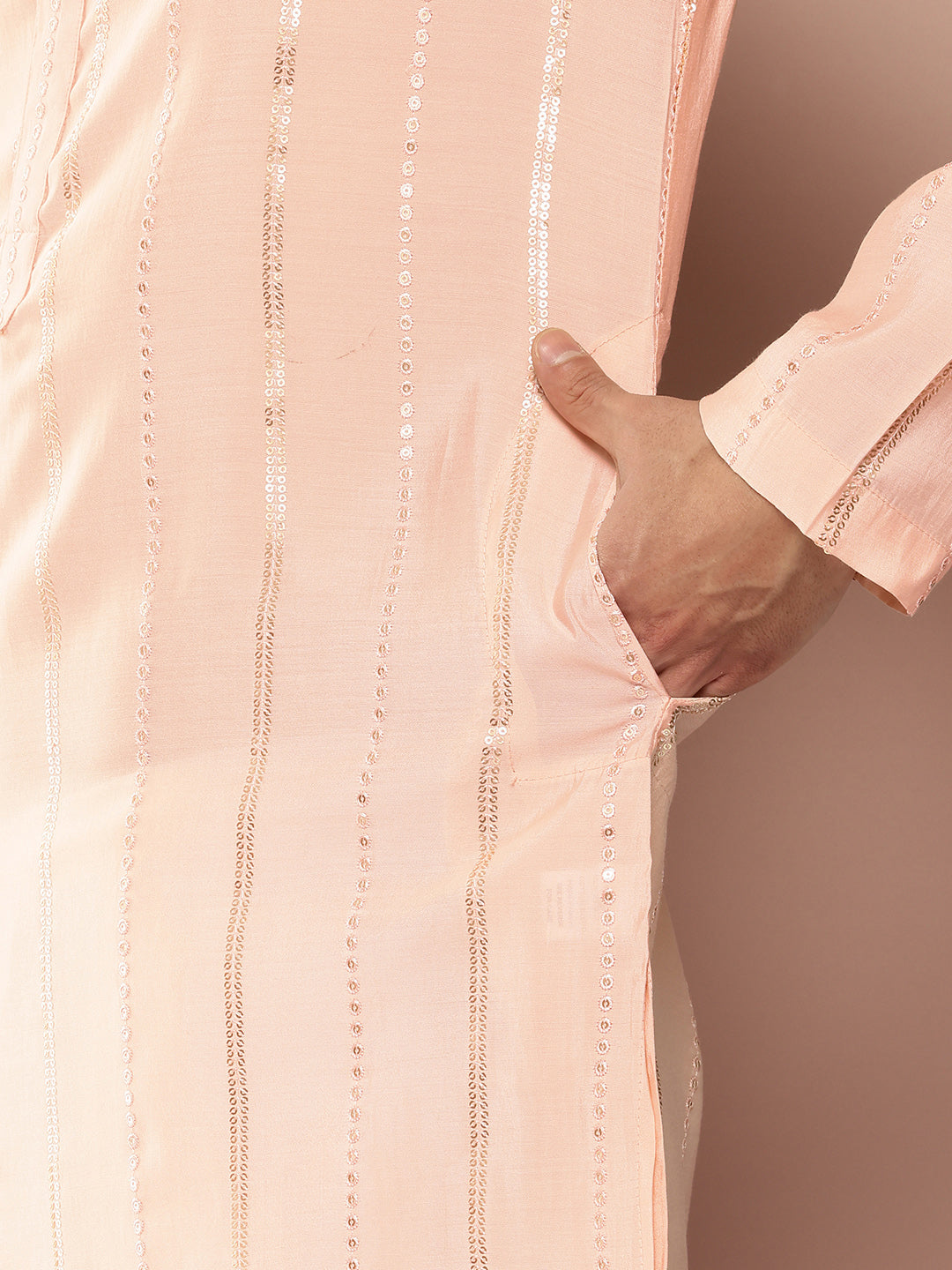 Men Light Pink Sequins Embroidered Pure Chanderi Silk Straight Kurta