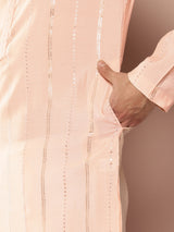 Men Light Pink Sequins Embroidered Pure Chanderi Silk Straight Kurta