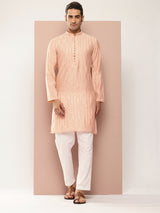 Men Light Pink Sequins Embroidered Pure Chanderi Silk Straight Kurta