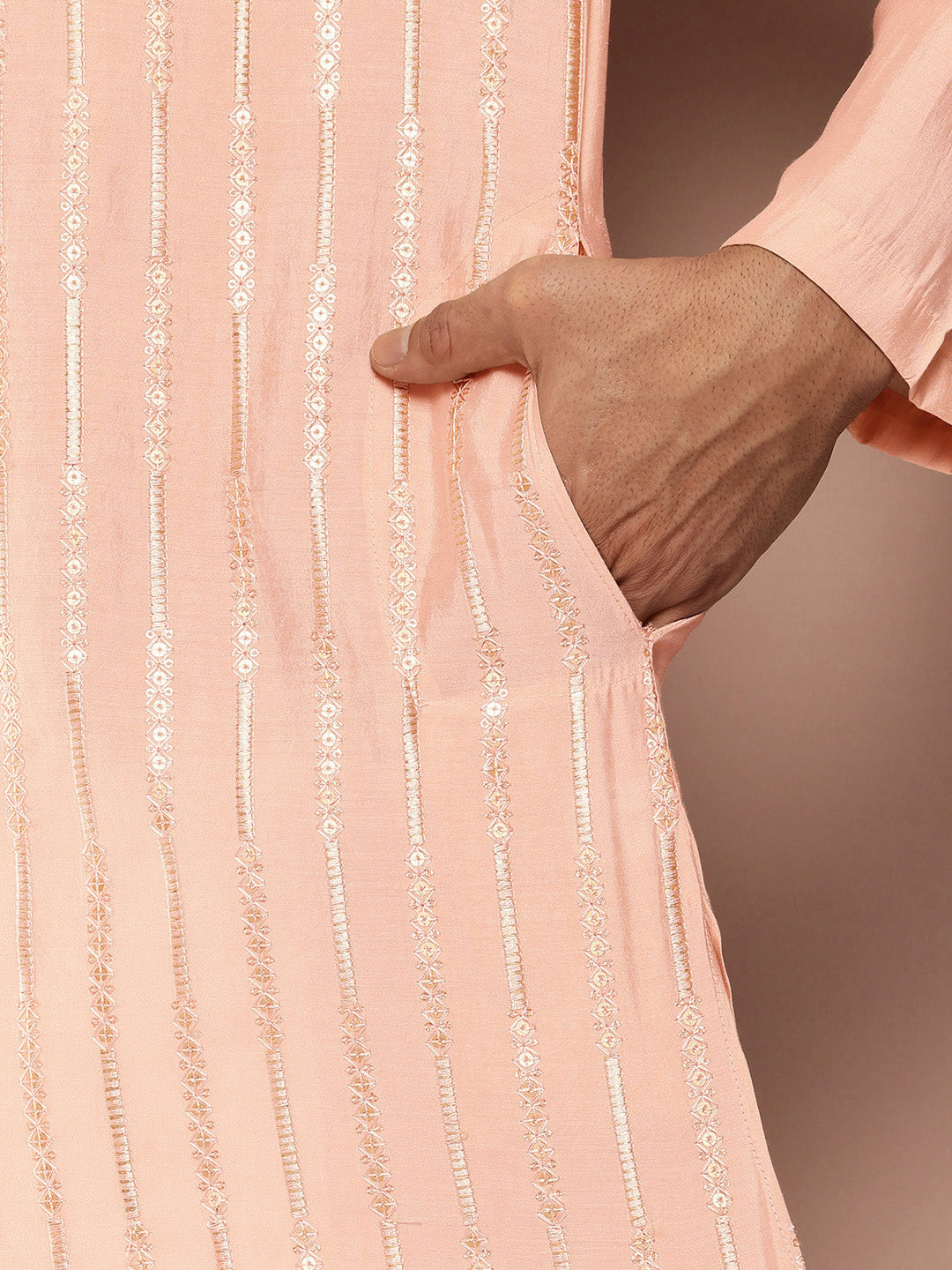 Men Light Pink Sequins Embroidered Pure Chanderi Silk Straight Kurta