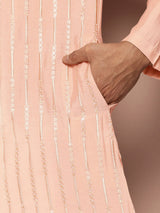 Men Light Pink Sequins Embroidered Pure Chanderi Silk Straight Kurta