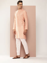 Men Light Pink Sequins Embroidered Pure Chanderi Silk Straight Kurta