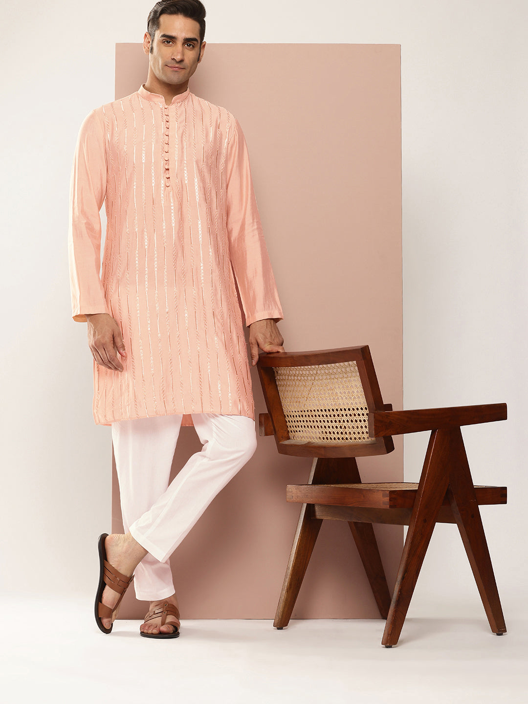 Men Light Pink Sequins Embroidered Pure Chanderi Silk Straight Kurta