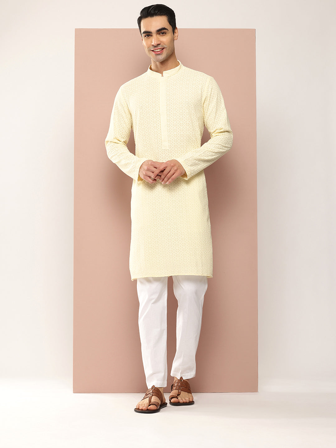 Men Cream Embroidered Chikankari Rayon Straight Kurta