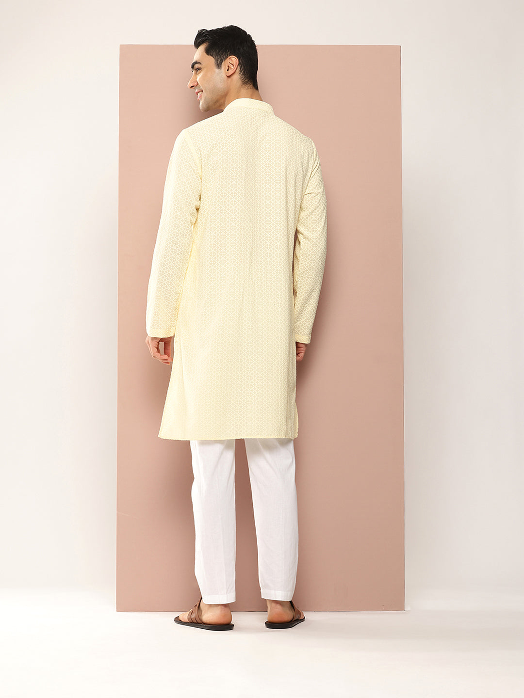 Men Cream Embroidered Chikankari Rayon Straight Kurta