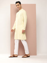 Men Cream Embroidered Chikankari Rayon Straight Kurta