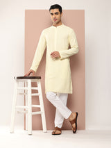 Men Cream Embroidered Chikankari Rayon Straight Kurta