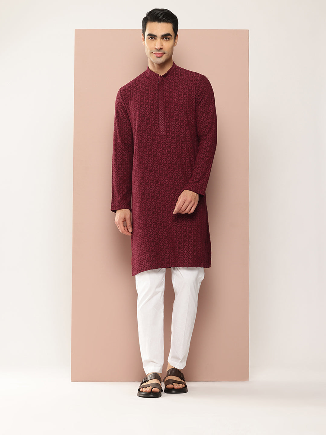 Men Maroon Embroidered Chikankari Rayon Straight Kurta