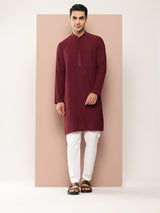Men Maroon Embroidered Chikankari Rayon Straight Kurta