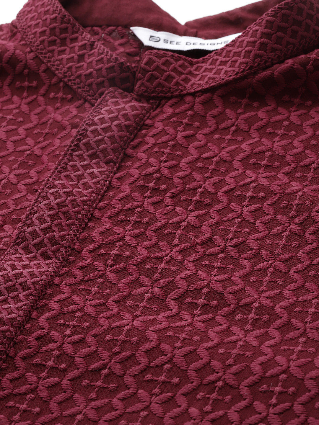 Men Maroon Embroidered Chikankari Rayon Straight Kurta