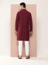 Men Maroon Embroidered Chikankari Rayon Straight Kurta