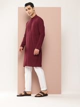 Men Maroon Embroidered Chikankari Rayon Straight Kurta