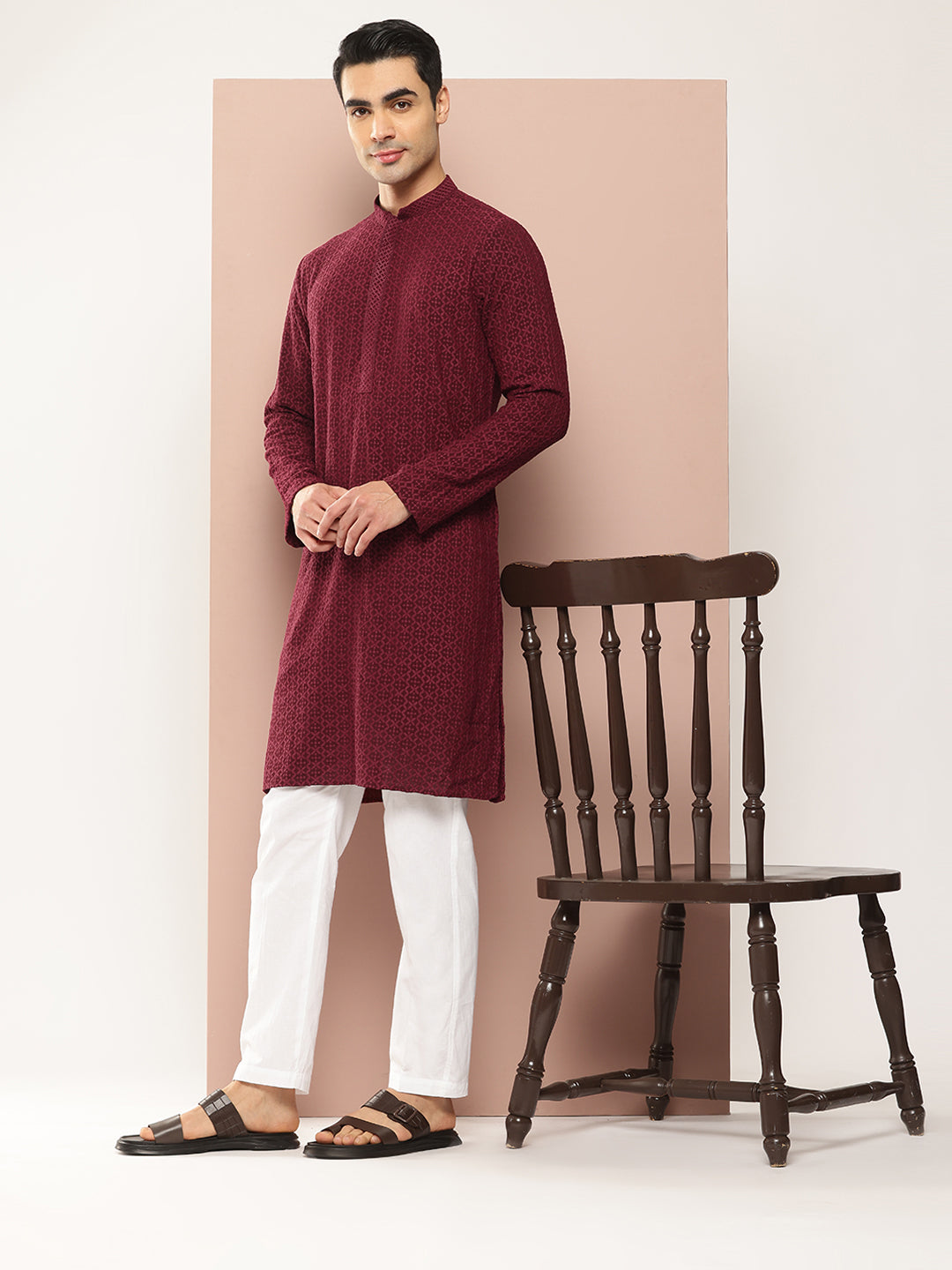 Men Maroon Embroidered Chikankari Rayon Straight Kurta