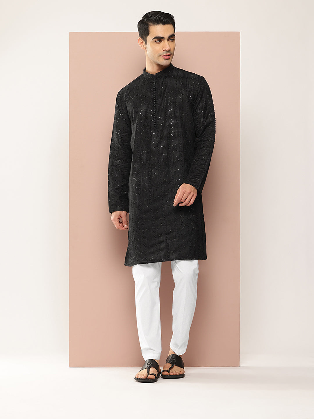 Men Black Embroidered Chikankari Rayon Straight Kurta