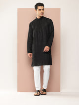 Men Black Embroidered Chikankari Rayon Straight Kurta