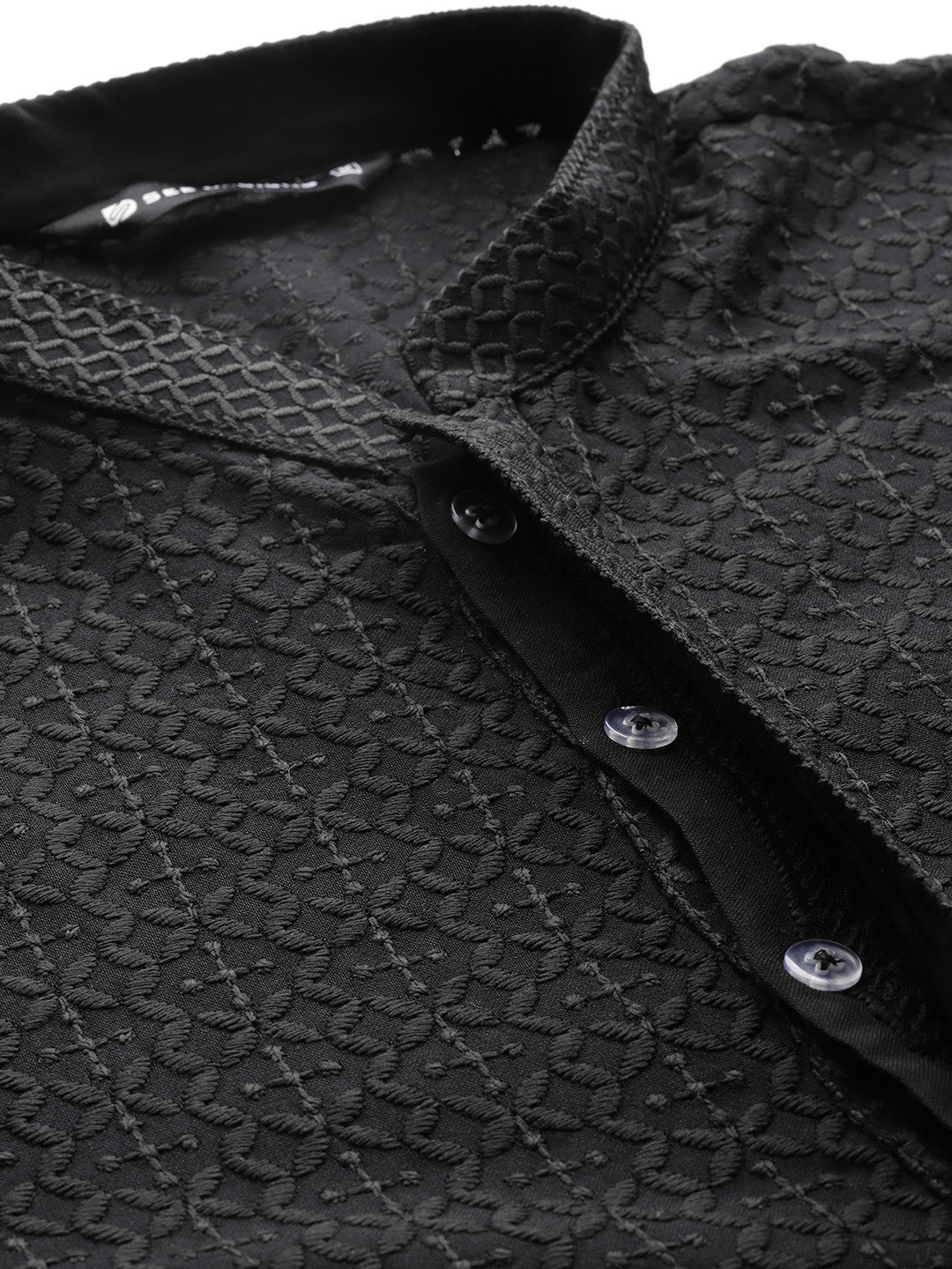 Men Black Embroidered Chikankari Rayon Straight Kurta