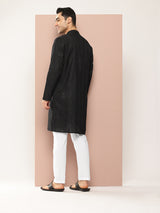 Men Black Embroidered Chikankari Rayon Straight Kurta