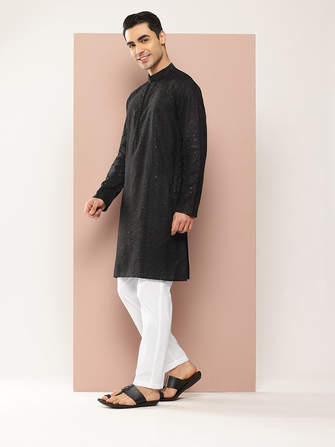Men Black Embroidered Chikankari Rayon Straight Kurta