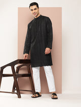 Men Black Embroidered Chikankari Rayon Straight Kurta