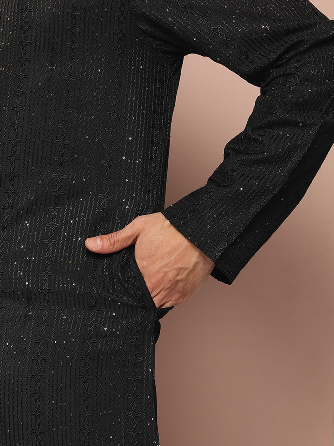 Men Black Embroidered Chikankari Rayon Straight Kurta
