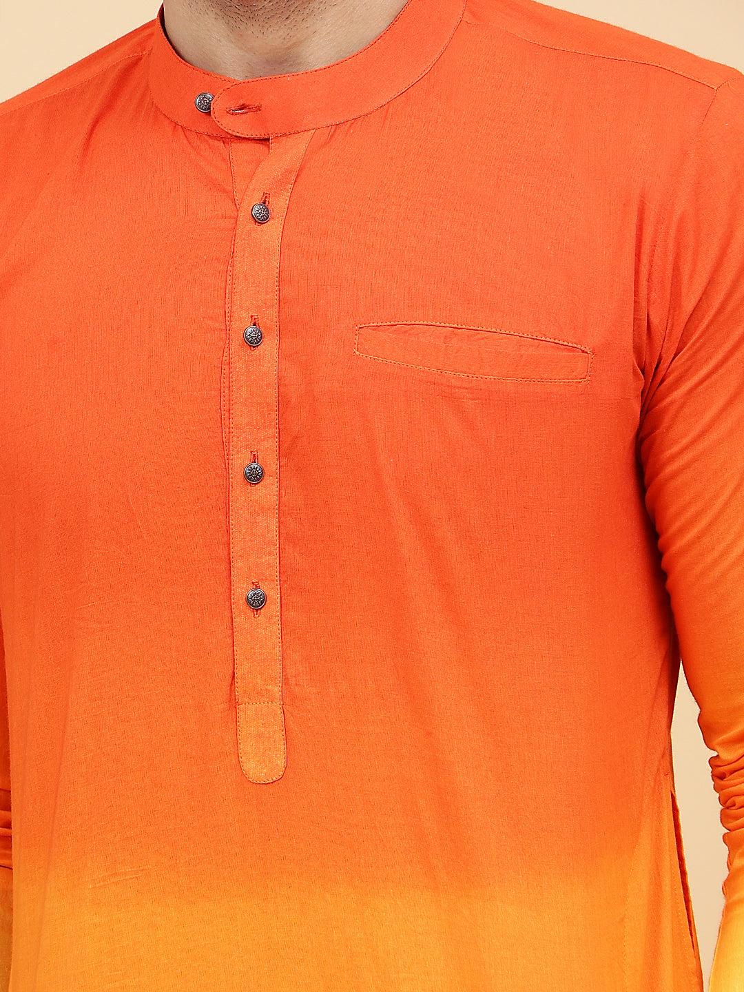 Men Orange And Yellow Ombre Dyed Pure Cotton Kurta With White pyjama