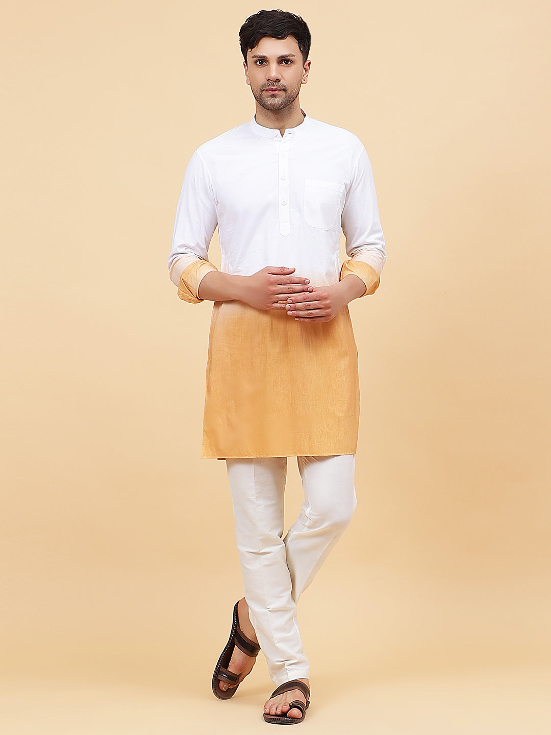 Men White And Tan Ombre Dyed Pure Cotton Kurta