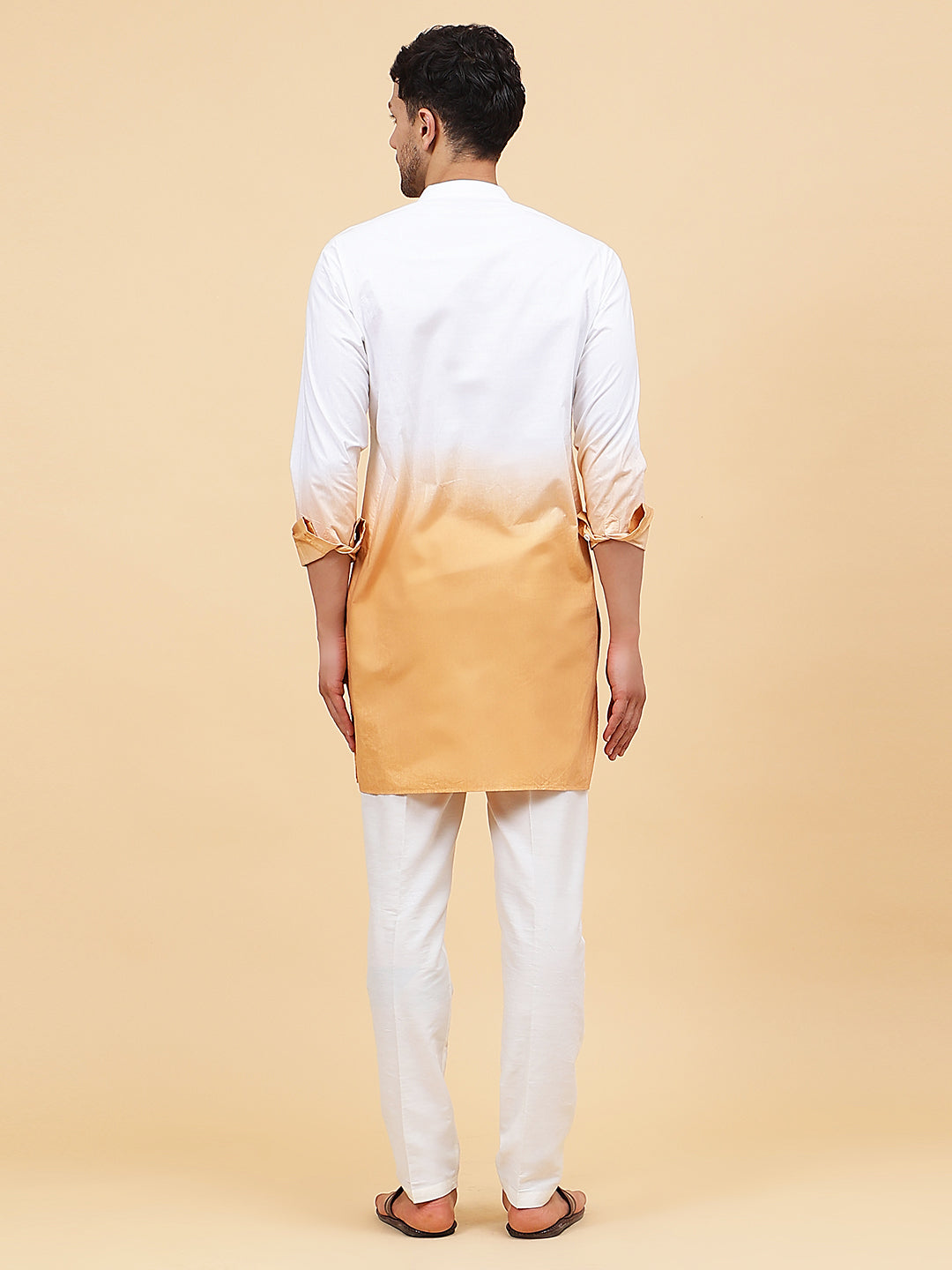 Men White And Tan Ombre Dyed Pure Cotton Kurta
