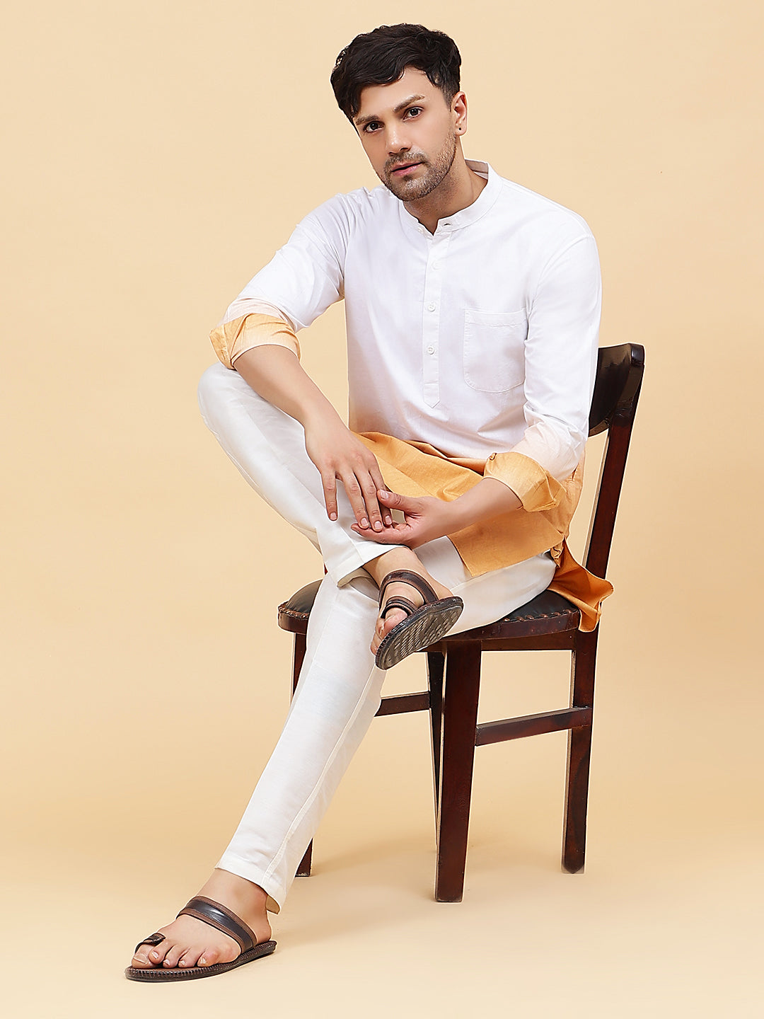 Men White And Tan Ombre Dyed Pure Cotton Kurta