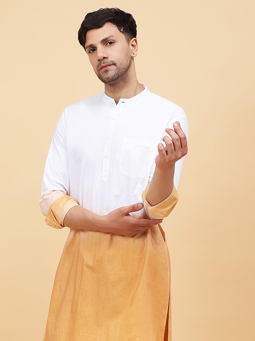 Men White And Tan Ombre Dyed Pure Cotton Kurta