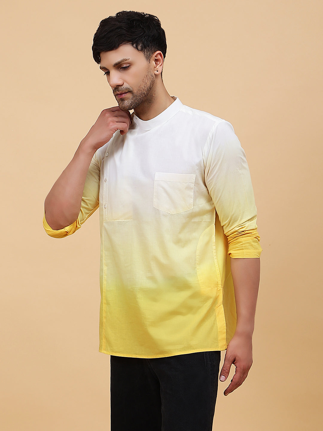 Men White And Yellow Ombre Dyed Pure Cotton short Kurta
