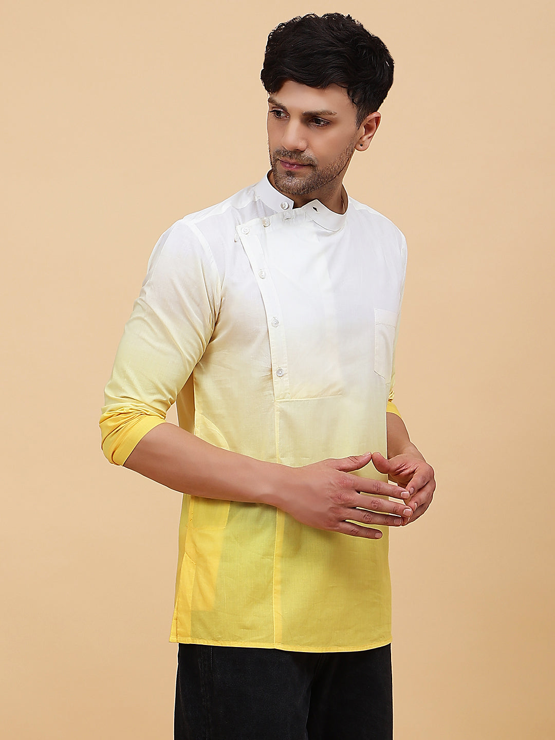 Men White And Yellow Ombre Dyed Pure Cotton short Kurta